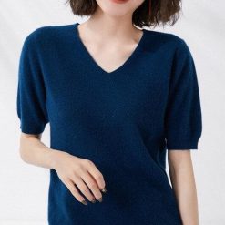 V-Neck Knit Half Sleeve Sweater | Mature Women's Basic Tops