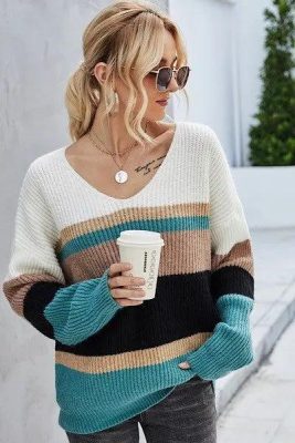 Julia Striped Slouch V-Neck Sweater Tops