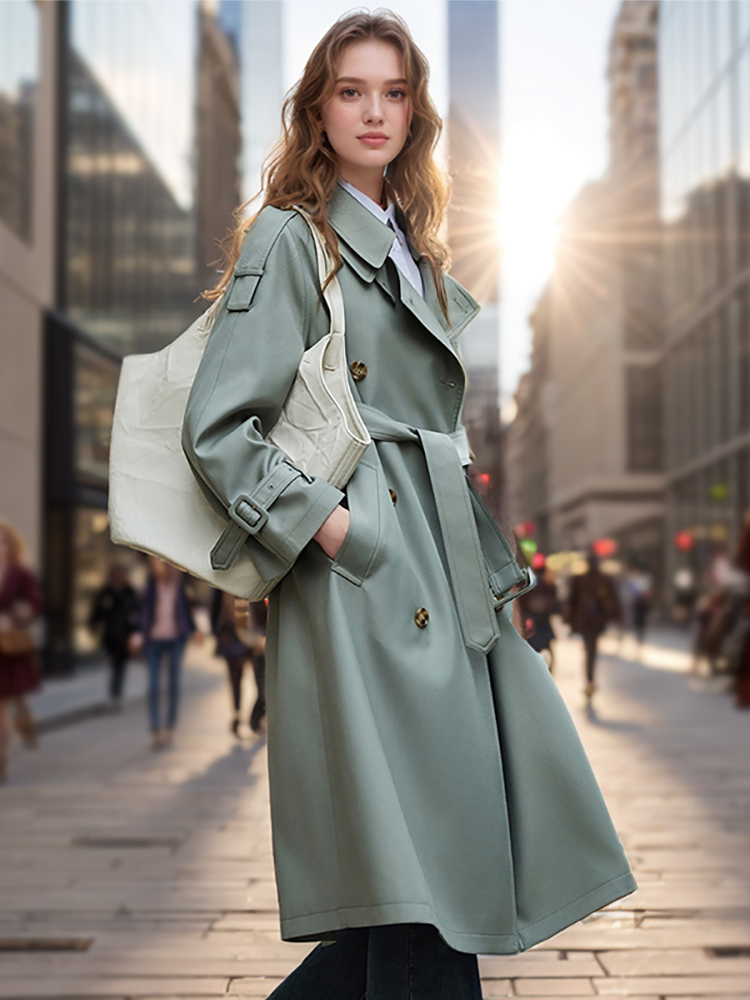 Popular Trench Coat Women 2024 FallWinter New Mid-Length Coat Green_4